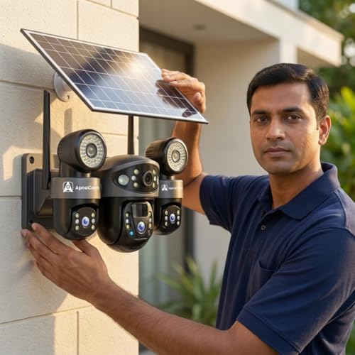 Image of ApnaCam 12MP 6K 4G Solar CCTV Camera with SIM Card, 3 Lens PTZ Outdoor Security Camera, Triple Screen View, AI Motion Detection, 360 Rotation, Color Night Vision, 2-Way Talk, IP66 Waterproof