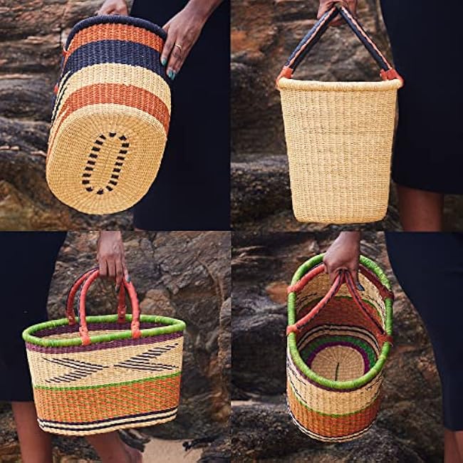 AY¨¦YA Oval Flat Bottom African Basket ¨C Colorful Wicker Market Tote ¨C Handwoven Basket with Leather Handles ¨C One-of-a-Kind Artisan Design ¨C Handmade in Ghana