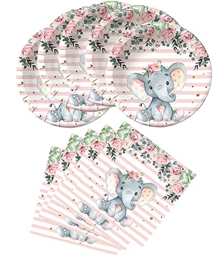 Belugsin Vaisselle Jetable Anniversaire Vaisselle Fête Baby Shower Fille Vaisselle de Fête de Éléphant，20 Serviettes，20 Assiette Jetable pour fête prénatale Motif éléphant Rose