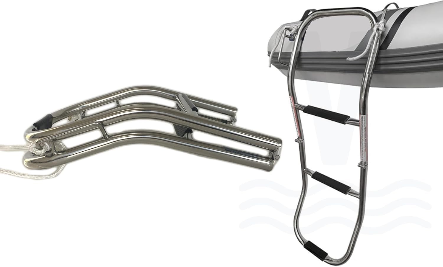 Seamax - Scaletta per imbarco a 3 gradini con manico e gancio integrati, in acciaio inox 316, telescopico, pieghevole, per gommoni, kayak e gommoni, antiscivolo, leggera, facile da riporre
