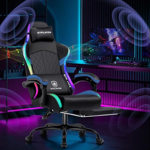 Image of GTPLAYER RGB Gaming Chair with Speakers - LED Computer Game Chair for Adults, PC Home Office Chairs with Footrest & Lights, Reclining Desk Chairs, Blue