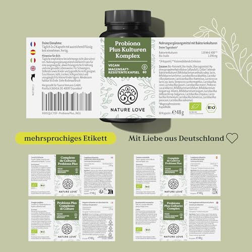 NATURE LOVE® Probiona PLUS - 120 Mrd KBE je Tagesdosis (hochdosiert) - 20 Bakterienstämme + Bio Inulin - 60 magensaftresistente Kapseln - vegan, entwickelt in Deutschland, Markenrohstoff aus Italien
