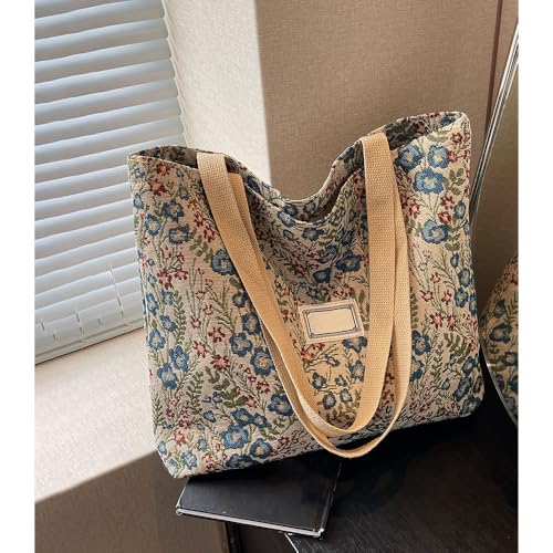 Bolsa tote de tela con diseño bohemio y floral, color azul miniatura 2