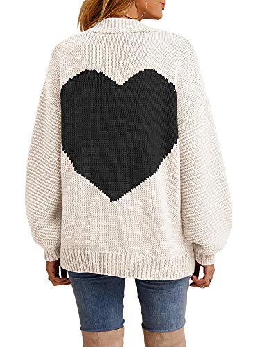 Nulibenna Women Knitted Heart Patch Open Front Long Sleeve Chunky Oversized Cardigan Sweater Loose Valentine Outerwear Coat Black and White