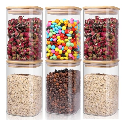 Image of MARTVIA Glass Food Storage Jars with Bamboo Lids 1200ml Set of 6, Wide Mouth Lid Jar for Home Kitchen,Flour, Sugar, Coffee, Pasta, Oats, Grains, Cookies, Snacks (Sqaure 1200 ML Jar, SET OF 6)