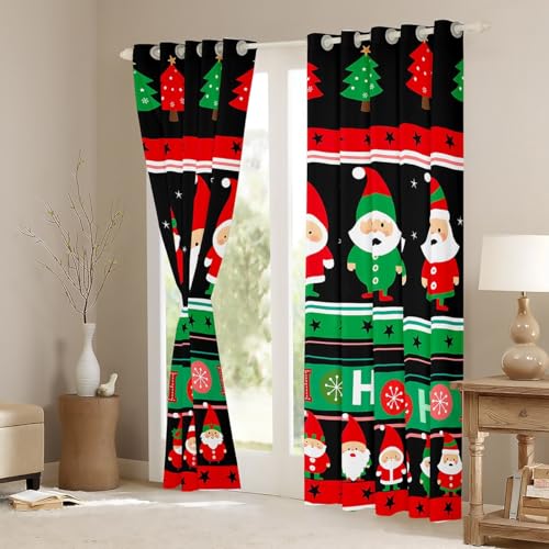Christmas Santa Claus Curtains Xmas Star Decor Window Curtains for Bedroom Living Room for Kids Boys Girls Teens Room Decor Stripe Window Drapes Green Red Window Treatments 38W X 45L,2 Panels