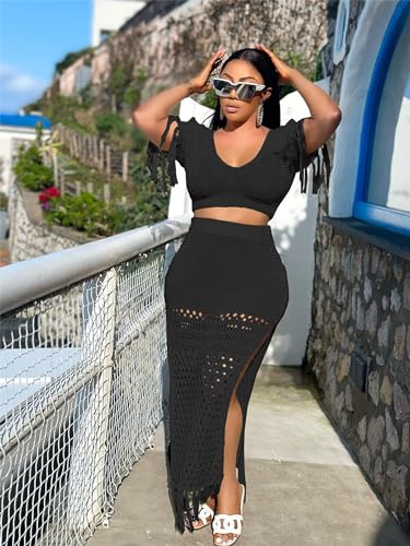 Image of CALEBGAR 2 Piece Outfits for Women Sexy Crochet Tassel Split Midi Dress Summer V Neck Knitted Hollow Crop Tops Y2K Streetwear