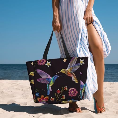 Humming Bird and Flowers Embroidery Large Beach Tote Bags for Womens Mens Sandproof Swim Pool Bag with Zipper for Travel Vacation4