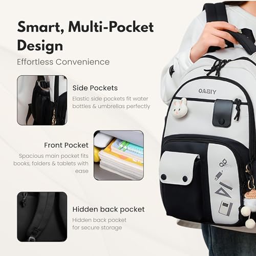 Image of Cute School Backpack for Girls - Stylish Pink & White Large Capacity Bookbag with Plush Keychain, Multiple Pockets, Lightweight Travel & College Bag