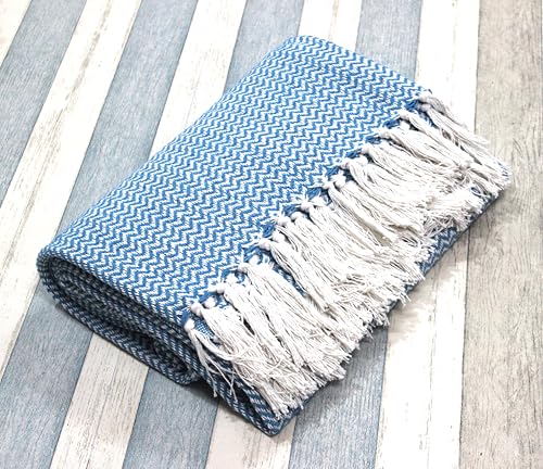 Image of Chevron 78x60 Inch Reversible Cotton Throw Blanket with Tassels| Blanket for Living Room, Sofa, Bed, Chair, Picnic & Used for Gift | Teal Narrow Chevron, Size - 200x150 Cm