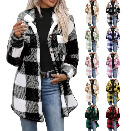 Fleece Jacket Women Plaid Sherpa Jackets Soft Button Fuzzy Long Sleeve Coat - image 1