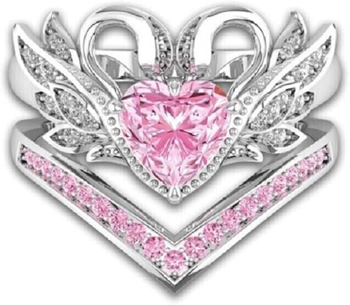 925 Sterling Silver Heart Cut Pink Tourmaline & Diamond Swan Design Engagement Bridal Wedding Ring Set for Women In 14K White Gold Finish