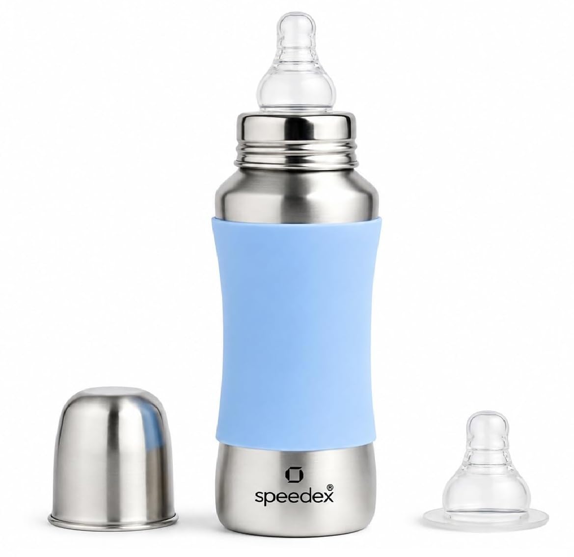 SPEEDEX Stainless Steel Baby Feeding Bottle 240 ml with Blue Silicone Grip & Internal ML Marking | BPA & Plastic Free | Anti-Colic Silicone Nipple | 304 Grade Steel Infant Milk Bottle | Leak Resistant-picture-22