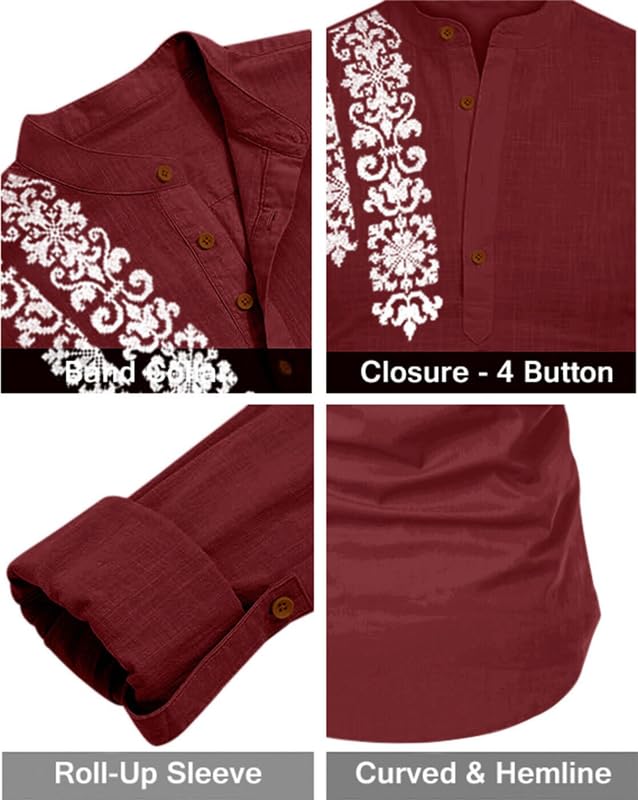 Image of FINIVO FASHION Men's Cotton Blend Short Kurta Shirt | Casual Ethnic Wear with Roll-Up Sleeves & Mandarin Collar | Comfortable Fit Tunic for Festive, & Summer Outings