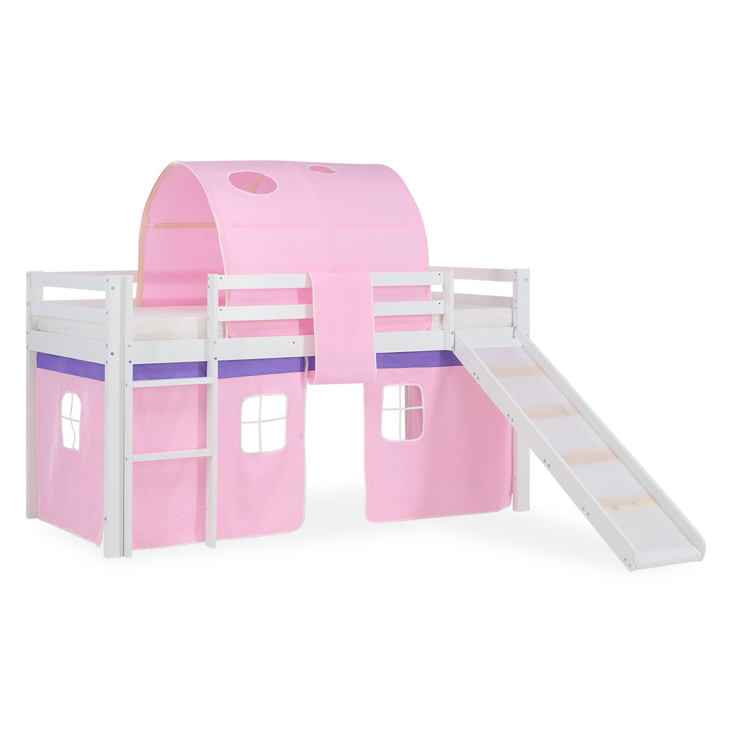 Homestyle4u 1567, Lit de Camp 90x200 Blanc, Lit Mezzanine avec Toboggan Rideau Tunnel Rose, Bois de pin
