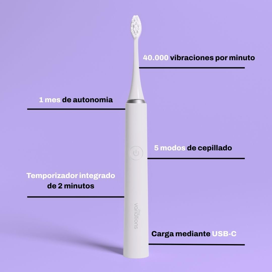 My Variations ® - Cepillo de Dientes Eléctrico - Tecnología Sónica - 1 Mes de Autonomía - 5 Modos de Cepillado - Temporizador de 2 Min Integrado - Recomendado por los Dentistas - Carga USB-C - Blanco