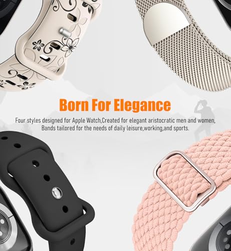 Image of 8 Pack Compatible with Apple Watch Band 42mm 40mm 41mm 38mm for Women Men,Engraved Flower Silicone+Sport +Milanese Loop+Braided Nylon Bands for iWatch Series 11 /10 /9 /8 /7 /6 /SE /5 /4 /3