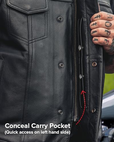 First Mfg Co Signature Club Style Leather Vest - Diamond Cowhide Leather, Conceal Carry Pockets, Satin Liner4