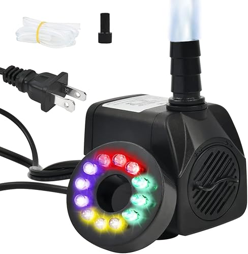 Bomba sumergible de fuente de 10 W, 160 GPH con luz LED, ultra silenciosa, pequeña fuente de agua para exteriores, para estanque al aire libre,