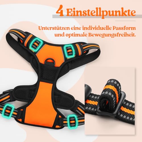 rabbitgoo Hundegeschirr Mittelgroße Hunde, Anti Zug Geschirr mit Kontrolle, No Pull Verstellbar Hundegeschirr Grosse Hunde, Atmungsaktiv Reflexstreifen Brustgeschirr Sichere Führung Orange XL