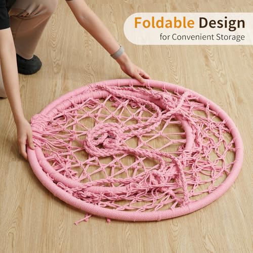 Image of Garpans Hammock Chair Swing Set of 2 Bohemian Style Macrame Hammock with Tassels Hanging Swing Chair Handmade Knitted Cotton Rope for Indoor Outdoor Bedroom Patio Max 330 LBS Pink