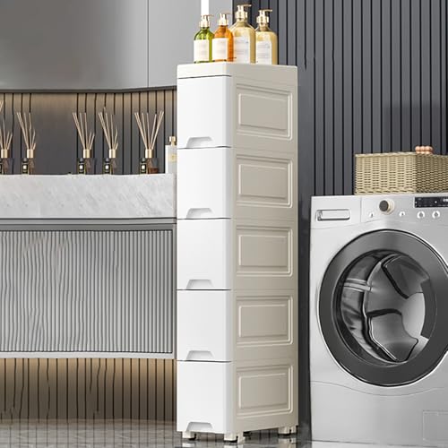Carrito de almacenamiento delgado con cajones para baño alto y estrecho para espacios pequeños, ahorra espacio, con ruedas, ideal para espacios reducidos y gestión de desorden.