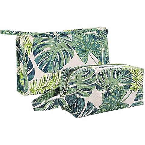 HOYOFO Tropical Makeup Bags Set of 2 Canvas Monstera Cosmetic Bag Green Leaves Makeup Zipper Pouch Bag Travel Toiletries Storage Bag for Women(BM+DM) Cover