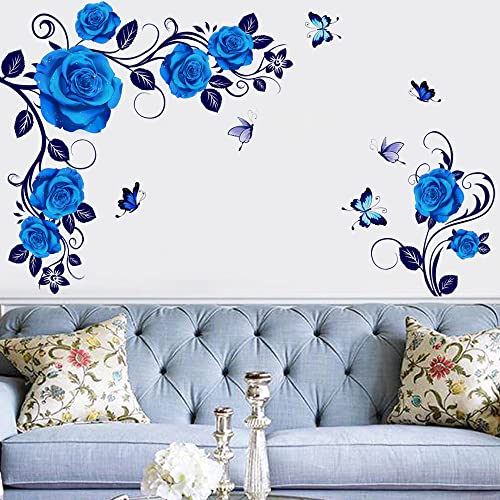 Runtoo Blue Rose Flower Wall Art Stickers Hanging Vine Floral Wall Decals Living Room Girls Bedroom TV Background Decor - Image 2