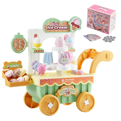 VEVOR Ice Cream Cart for Kids, 27 PCS Accessories, Pretend Play Store with Storage Trolley with Pretend Money, Sound & Light Effects, Montessori Educational Ice Cream Truck Toys for Toddlers 3+