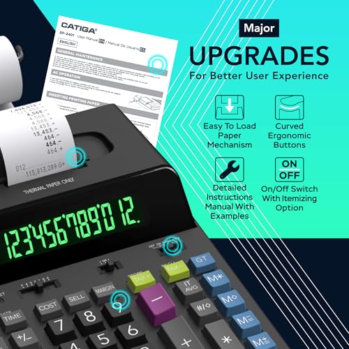 CATIGA Calculadora de impressão térmica de 12 dígitos com impressão em fita, máquina de adição sem t