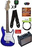Squier by Fender Mini Strat Electric Guitar - Imperial Blue Bundle with Amplifier, Instrument Cable, Tuner, Strap, Picks, Fender Play Online Lessons, and Austin Bazaar Instructional DVD