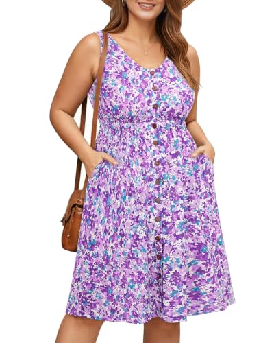 Image of Holipick Women's Plus Size Summer Dresses for Women Casual Dress with Pockets A-Line Swing Button Down Sleeveless V Neck