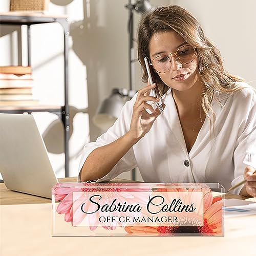 Image of Name Plate for Desk, Desk Name Plate Personalized, Office Decor for Women Men, Acrylic Desktop Accessories, Office Appreciation Gifts for Boss Social Workers Nurse Teacher Employee (Sunflowers A)