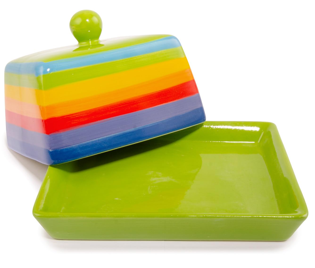 Handbemalte Butterdose aus Keramik mit Deckel, Regenbogenstreifen, Grün