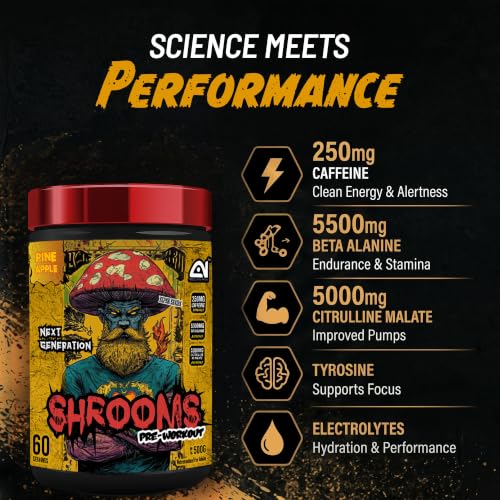 Image of Absolute Nutrition SHROOMS Pre Workout Powder (60 Servings, 500g) | With Beta Alanine, L-Citrulline DL-Malate 2:1, Cocoa Bean Extract & Bitter Orange| (Pineapple)