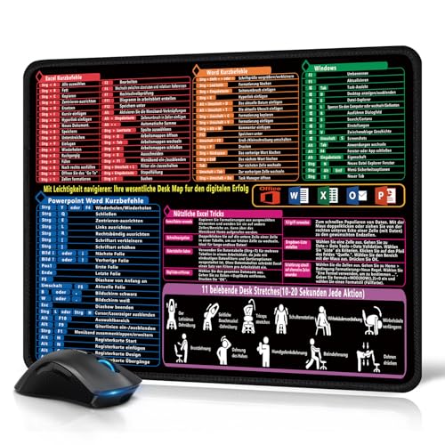 Mauspad 300 x 250 x 3 mm, Excel Mauspad Deutsch für Office, Word PPT Windows, Gaming Mousepad Excel Shortcuts Unterlage, Mouse Pad Klein für Büro und Zuhause