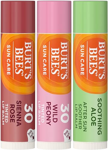 Image of Burt's Bees Tinted Lip Balm SPF30 Stocking Stuffers, 2 Creamy Lip Stain Christmas Gifts with Sunscreen in Peach Peony & Deep Seinna Rose + Aloe Vera After Sun Soother, Post Exfoliator Scrub (3-Pack)