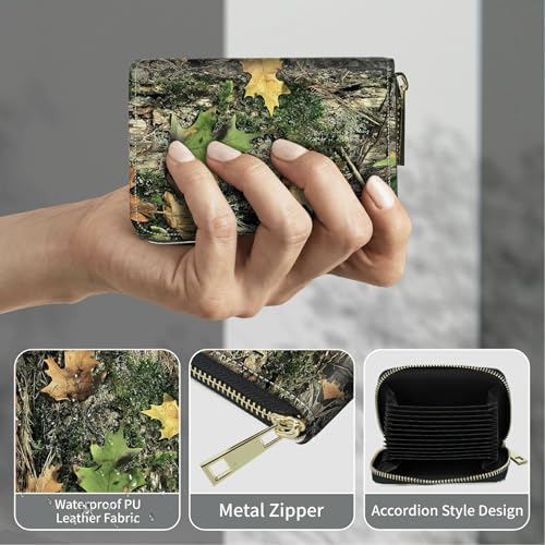 Image of Cute Credit Card Holder with Zipper, Camo Tree Leaf RFID-Blocking Card Case Small Wallet for Women Men, Multi-slot Card Organizer Case Travel Accordion Wallet