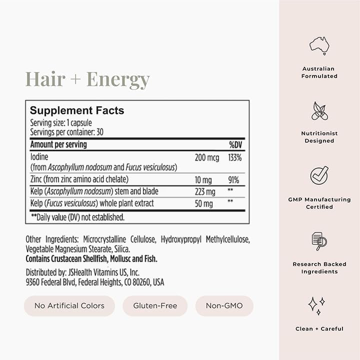 JSHealth Vitamins Hair and Energy Formula - Hair & Scalp Support Supplement with Iodine and Zinc - 30 Capsules - Image 5