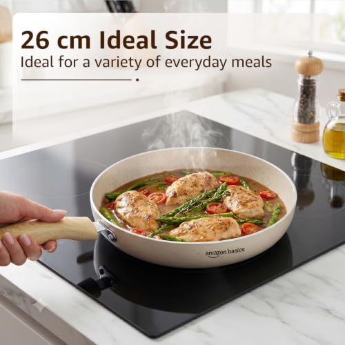 Image of Amazon Basics Non Stick Ceramic Frying Pan 26 cm with Lid | 5 Layer Coating | Wooden Finish Bakelite Handle | Induction & Gas Compatible | Low Oil Cooking | Durable Flat Base | Ivory
