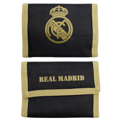 Portefeuille officiel R Madrid Black & Gold | Design sportif en noir avec blason doré | Fermeture Velcro | Compartiments pour cartes, billets et pièces |...