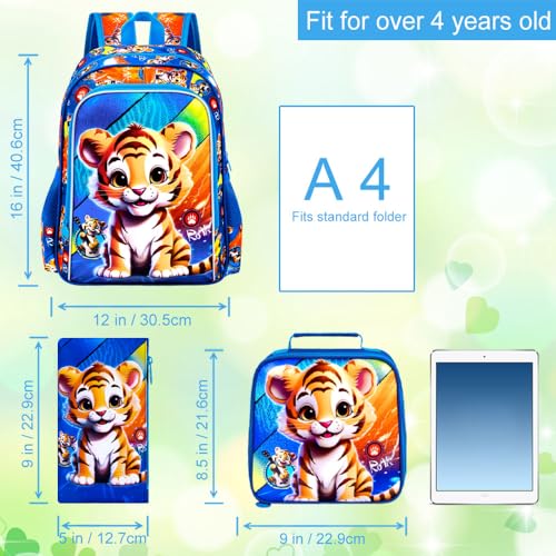Image of 3Pcs Boys Backpack, 16 inch Tiger School Backpacks with Lunch Box, Kids Bookbag for Elementary Preschool Kindergarten(Blue)