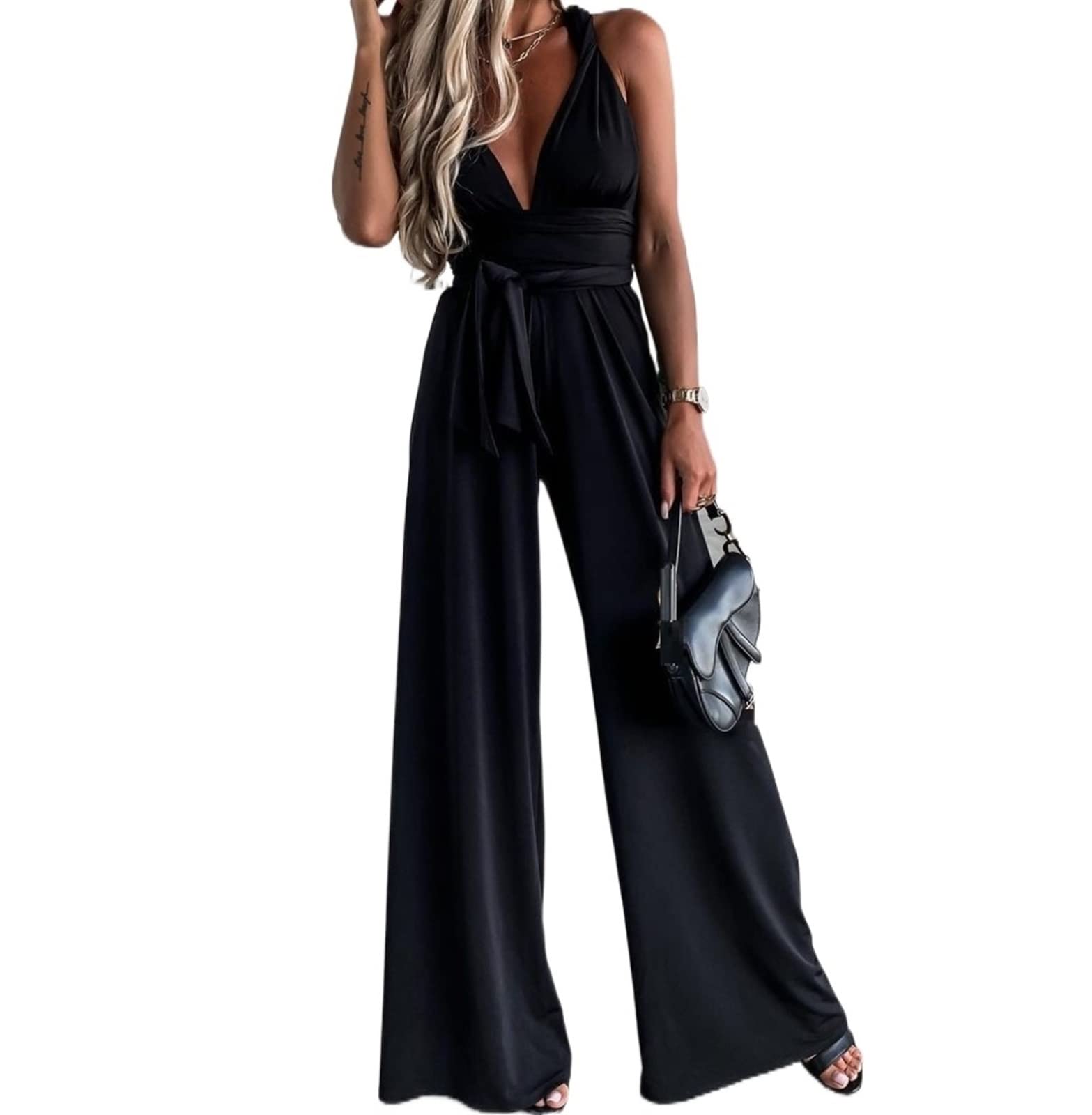 Amazon.co.jp: 女性のジャンプスーツクロスバックレス V ネック