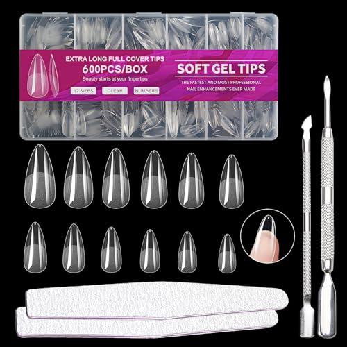 Anevios 600 Piezas Uñas Postizas Forma Almendra 12 Tamaños con 2 Limas de Uñas y 2 Empujadores de Cutículas Tips de Uñas Almendra Juego de Uñas Acrílicas para Salones de Uñas y Arte de Uñas DIY