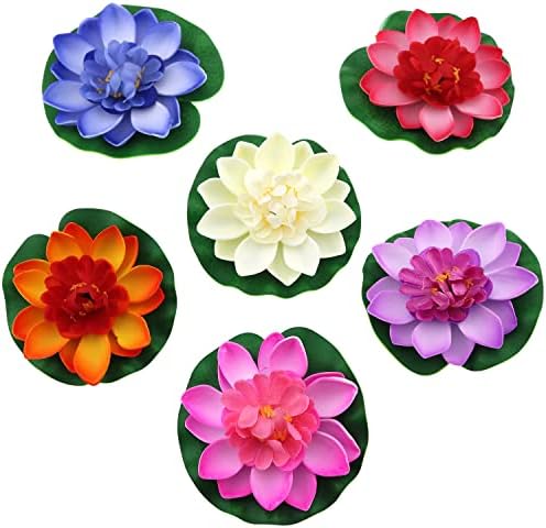 JianLing 6pcs Artificial Floating Foam Lotus Flowers Simulation Water Lily Pond Plant Fake Ornament for Wedding Pond Garden Fake Plants Decor (Milk White/Pink/Peach Red/Sunset Red/Light Purple/Blue)