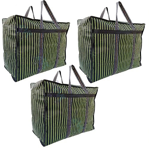 EVK® Multipurpose Extra Large Bag Big Heavy Duty Storage Organizer Reusable Canvas Shopper Bag with Strong Handles and Base with Covers Zip Black and Green (Pack of 3)