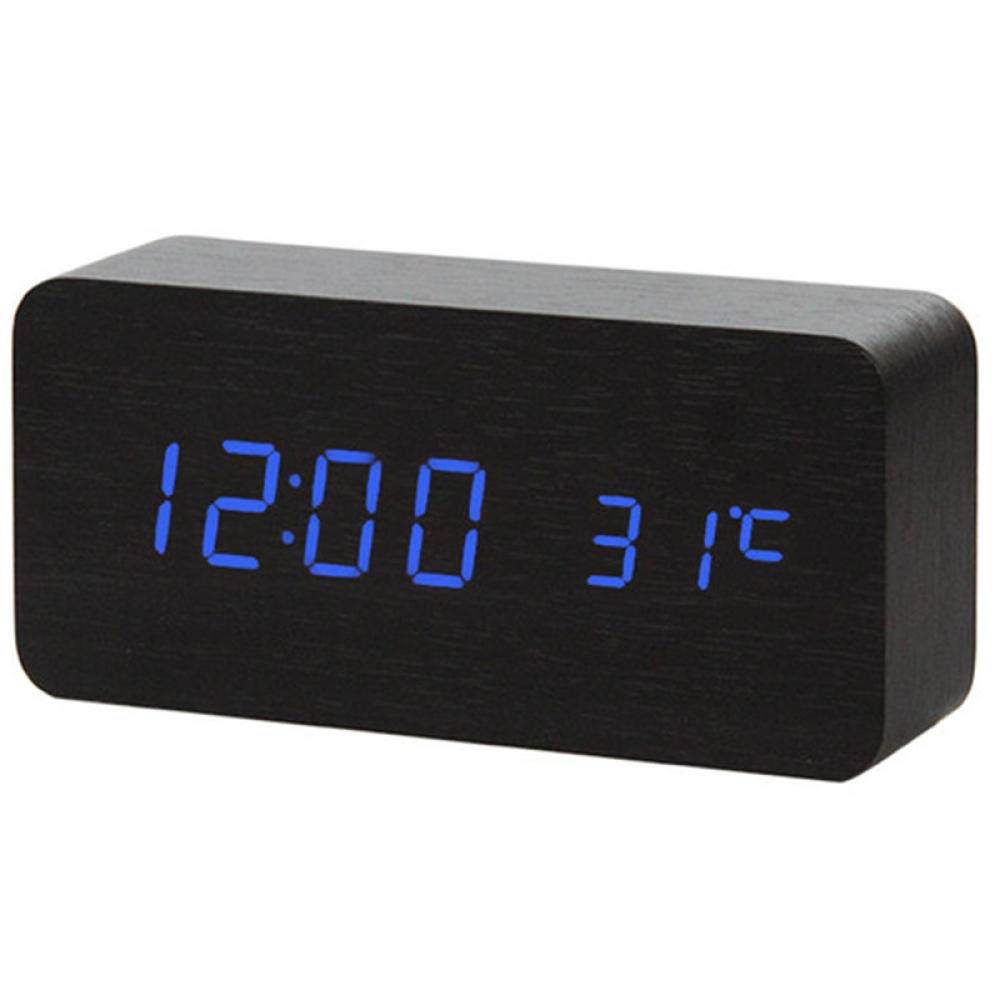 Réveil LED en bois bleu avec horloge de table électronique et thermomètre