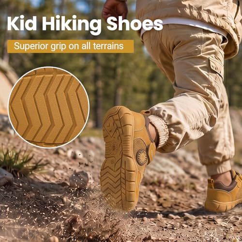 Boys Hiking Boots Water Resistant Kids Outdoor Sneakers with Protective Rubber Toe Cap and Non-Slip Sole for Camping Trekking Trail Running 5.5-6Years Yellow - image 3