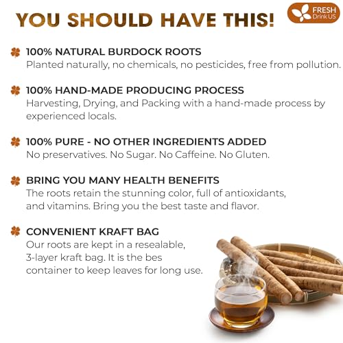 Image of FRESHDRINKUS, Premium 10oz Natural Burdock Root, 100% Natural & Pure from Burdock Root, Burdock Root Herbal Tea, No Additives, No Caffeine, Vegan