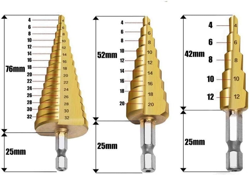 Zestaw wierteł stopniowych z rowkiem spiralnym, Zestaw wierteł stopniowych HSS 3 szt., stożkowe wiertła do otworów, metryczne, 1/4", powlekane tytanem, metalowe wiertła sześciokątne(3pcs4 12 3 20 4 20